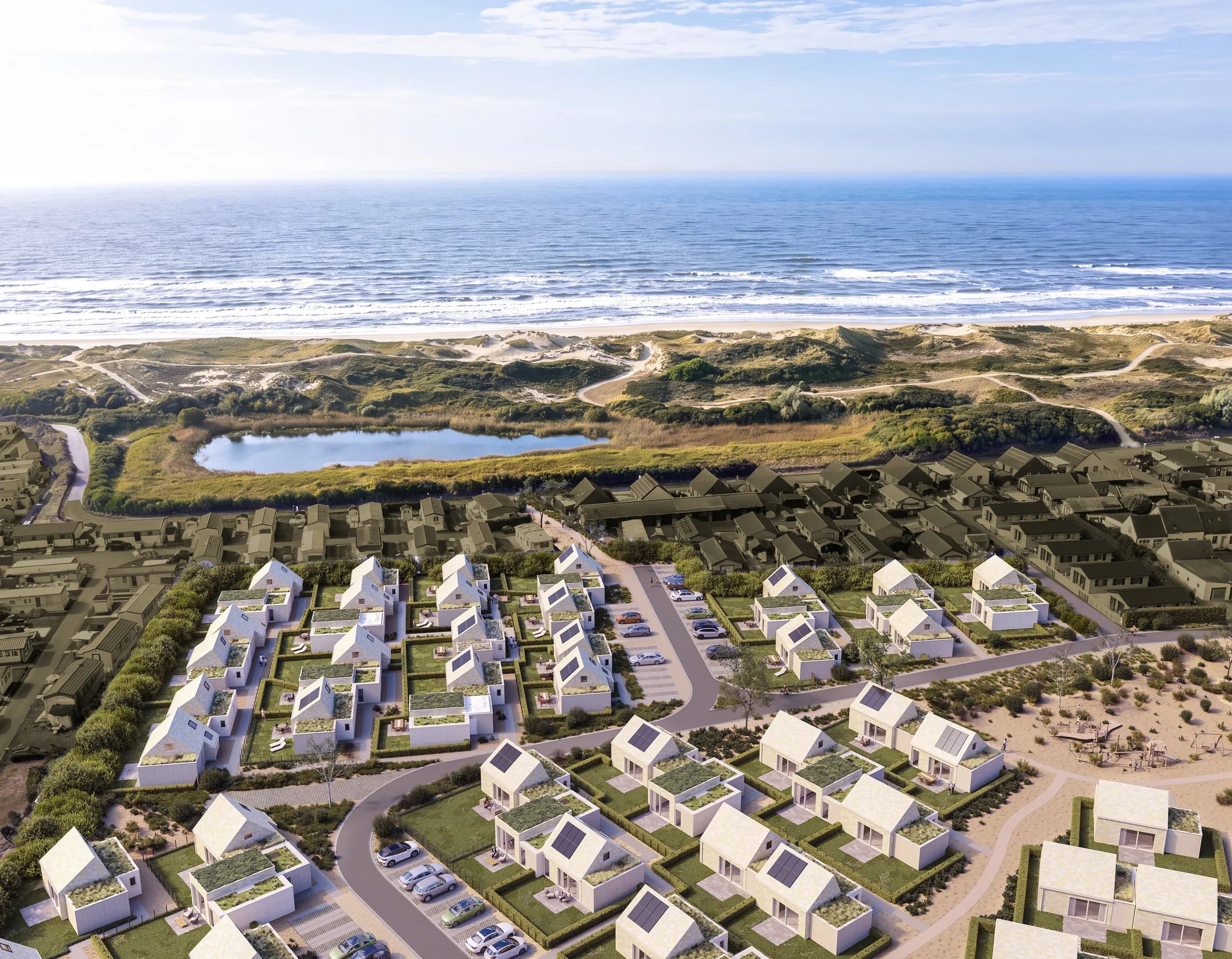 Mid’s Park van bovenaf, met de duinen en het strand erachter