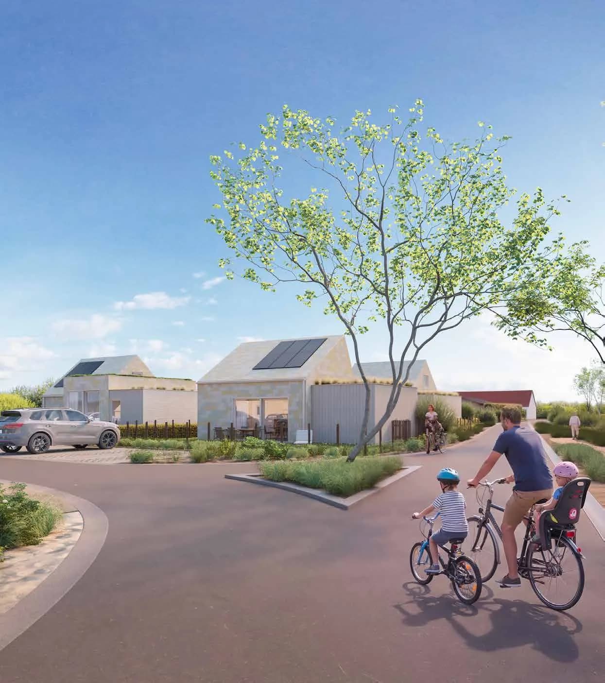 Gezin fietst langs de woningen van Mid’s Park