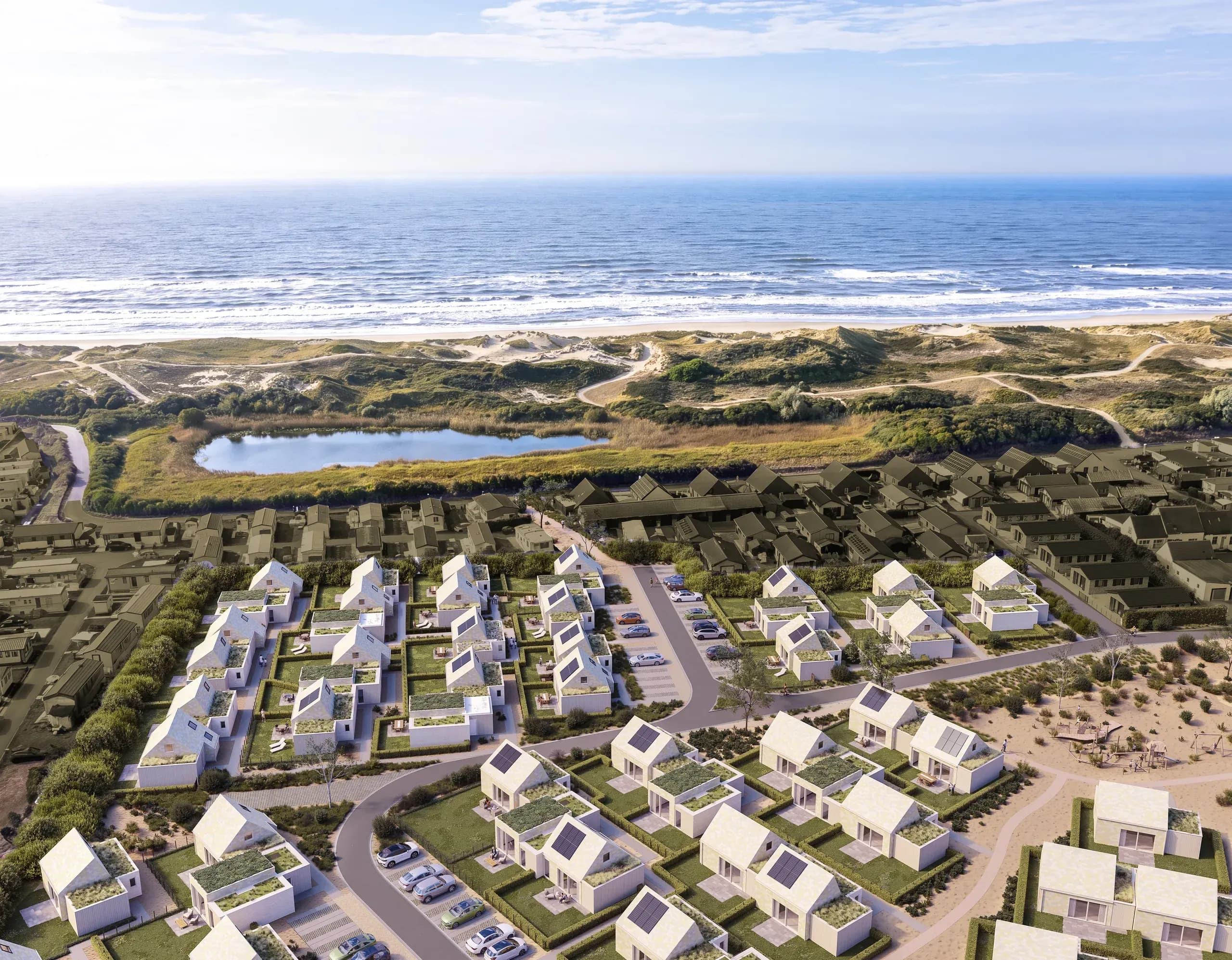 Luchtfoto van Mid’s Park tussen de duinen en de zee in Middelkerke